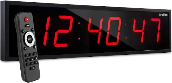 Ivation Large Digital Clock, 24 in. LED Wall Clock with Stopwatch, Alarms, Timer, Temp & Remote, Red