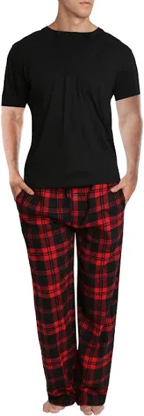 "Men's Short Sleeve Flannel Pajama Set In Dark Navy Tartan Plaid"