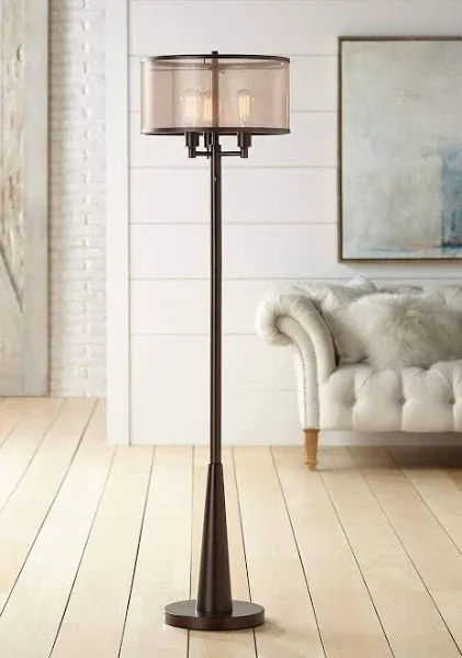 Franklin Iron Works Rustic Floor Lamp 3-Light Oiled Bronze Metal Brown Sheer Shade LED Edison Bulbs for Living Room Bedroom