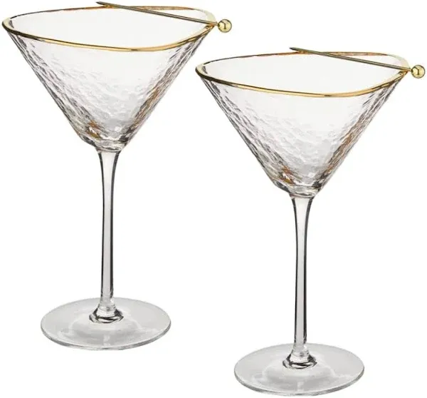 Sister.ly Drinkware Handmade Hammered Martini Glasses with Gold Rim - Gold Rimmed Martini Glasses Set of 2 and 2 Gold-Plated Cocktail Picks, Unique Martini Glass. Perfect For Cocktails.