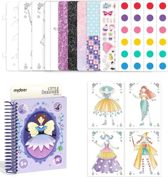 MiDeer Fashion Design Sketchbook with Watercolor Painting, Princess Dress-up Activity Book with Stencils and Stickers, Fashion Designer Kits for Kids 5 6 7 (Little Designer Magic Club)