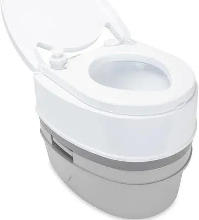 Camco Camper / RV Premium Travel Toilet - Features a 5.3-Gallon Detachable Holding Tank, Pump Flush Design & Spring-Loaded Latch (41544)