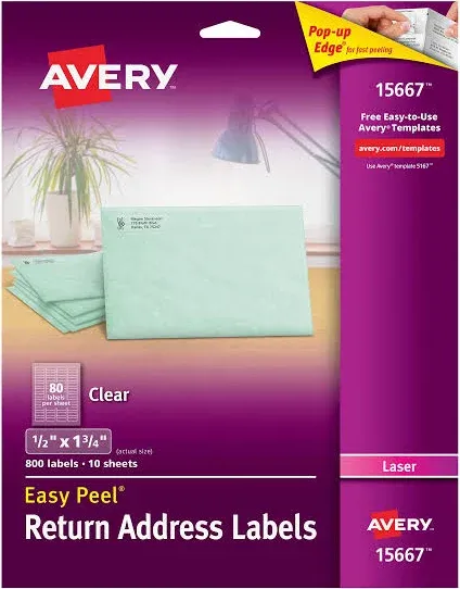 Avery Matte Clear Return Address Labels, Sure Feed Technology, Laser, 1/2" x 1-3/4", 800 Labels (15667)