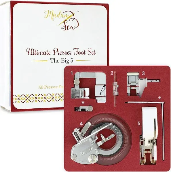 Madam Sew Big 5 Presser Foot Set - 5 Specialized Presser Feet in Deluxe Numbered Storage Case with Printed Booklet, and Bonus Low Shank Snap-On Adapter