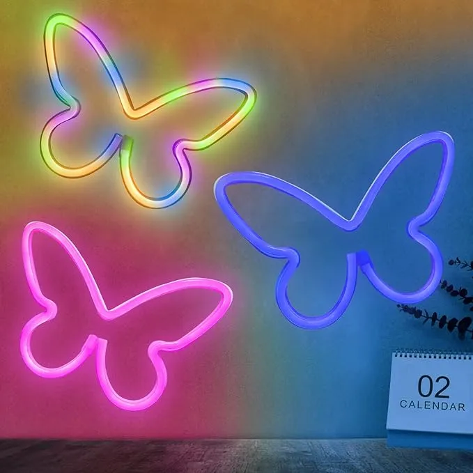 BRIGHTDECK 3 Pcs Butterfly Neon Signs, Neon Light for Bedroom, USB or 3-AA Battery Powered LED Neon Signs Wall Decor, Neon Lights for Birthday Gift, Wedding, Party, Home Decor (Pink, Blue, Colourful)