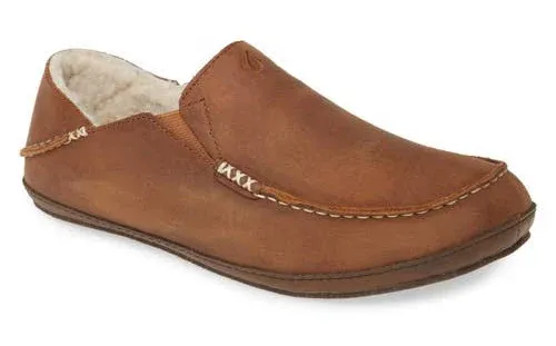 OLUKAI Moloa Slipper Men's Slippers, Premium Nubuck Leather Slip On Shoes, Shearling Lining & Gel Insert, Drop-In Heel Design