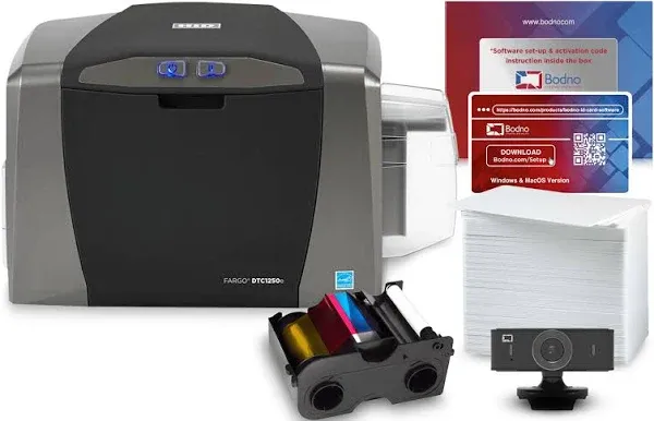 Bodno Fargo DTC1250e Single Sided ID Card Printer & Complete Supplies Package with Bronze Edition Software