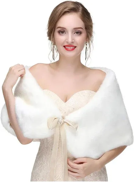 Olbye Women's Faux Fur Wraps Wedding Fur Shawls Sleeveless 1920 Faux Fur Stole for Women and Girls Fur Capelet Mink Shawl