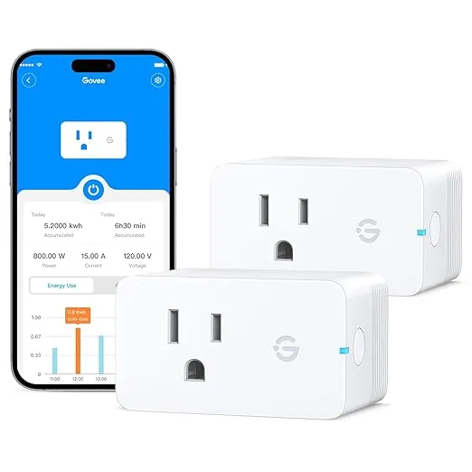 Govee Smart Plug with Energy Monitoring, WiFi Bluetooth Plug Work with Alexa and Google Assistant, 15A Smart Outlets with Timer & Group Controller, No Hub Required, ETL&FCC Certified for Home, 2 Pack