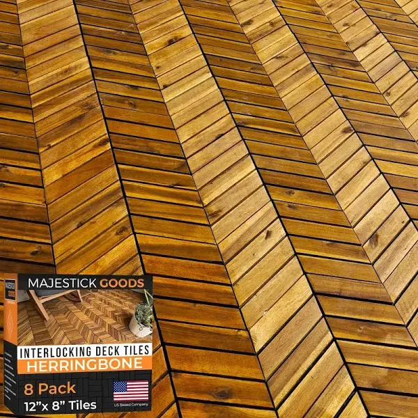 Interlocking Deck Tiles 12" x 9" Herringbone 6 Sq Ft - Non-Slip Acacia Wood Outdoor Tiles for Patio - Decking, Porch and Balcony Flooring Tiles - Easy to Install Wooden Deck Tile Pavers (8 Pack)