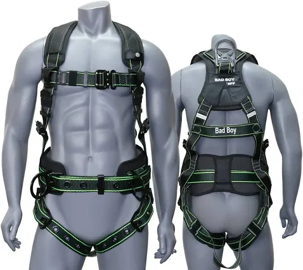 AFP Fall Protection Full-Body Premium Safety Harness, 8” Thick Support Belt, Aluminum D-Rings, Tongue Buckle (OSHA/ANSI PPE)