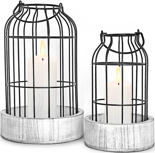 Livelab Modern Farmhouse Lantern Decor, [Refined] Rustic Home Decor Lanterns, Wire Metal Cloche Decorative Candle Holder for Living Room, Fireplace Mantle, Bathroom Countertop, Valentine's Day Decor