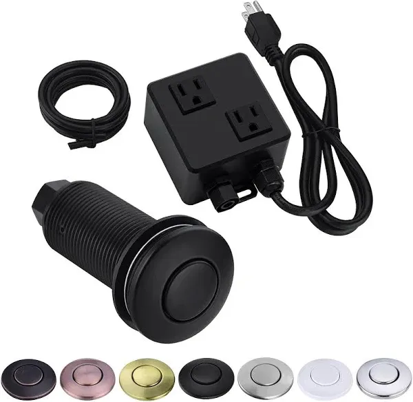 BESTILL Sink Top Air Switch Kit for Garbage Disposal, Matte Black Long Push Button with Brass Cover, UL Listed(E530042) Dual Outlet Power Module