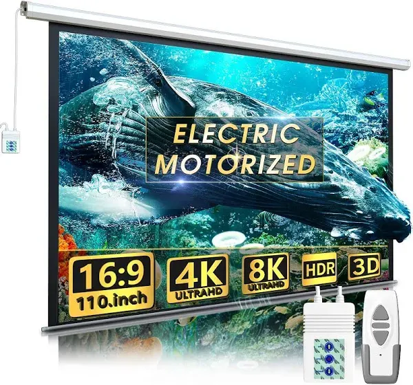 Aoxun 110" Motorized Projector Screen - Indoor and Outdoor movies Screen 110 inch Electric 16:9 Projector Screen w/Remote Control