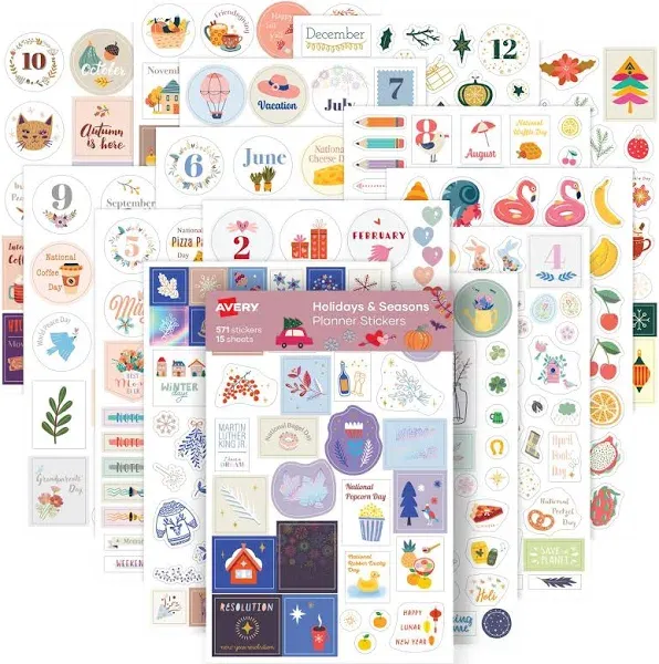 Avery Holidays and Seasons Planner Sticker Pack with Christmas Stickers, Thanksgiving Stickers, and Other Holiday Stickers, 15 Sticker Sheets, 571 Planner Stickers (6776)