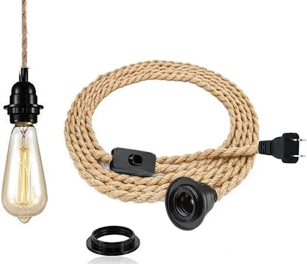 Pendant Light Kit with Switch - Easric Vintage Lamp Cord with 15FT Twisted Hemp Rope E26 Socket Plug in DIY Hanging Lighting Fixture for Farmhouse