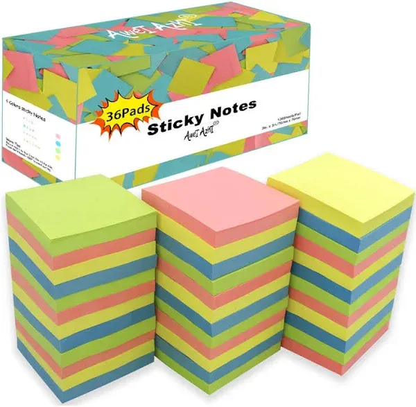 Sticky Notes 3x3, Self-Stick Notes, 36 Pads, 100 Sheets/Pad, Assorted Colors Stickies, Easy to Post Notes for Study, Works, Daily Life (36)