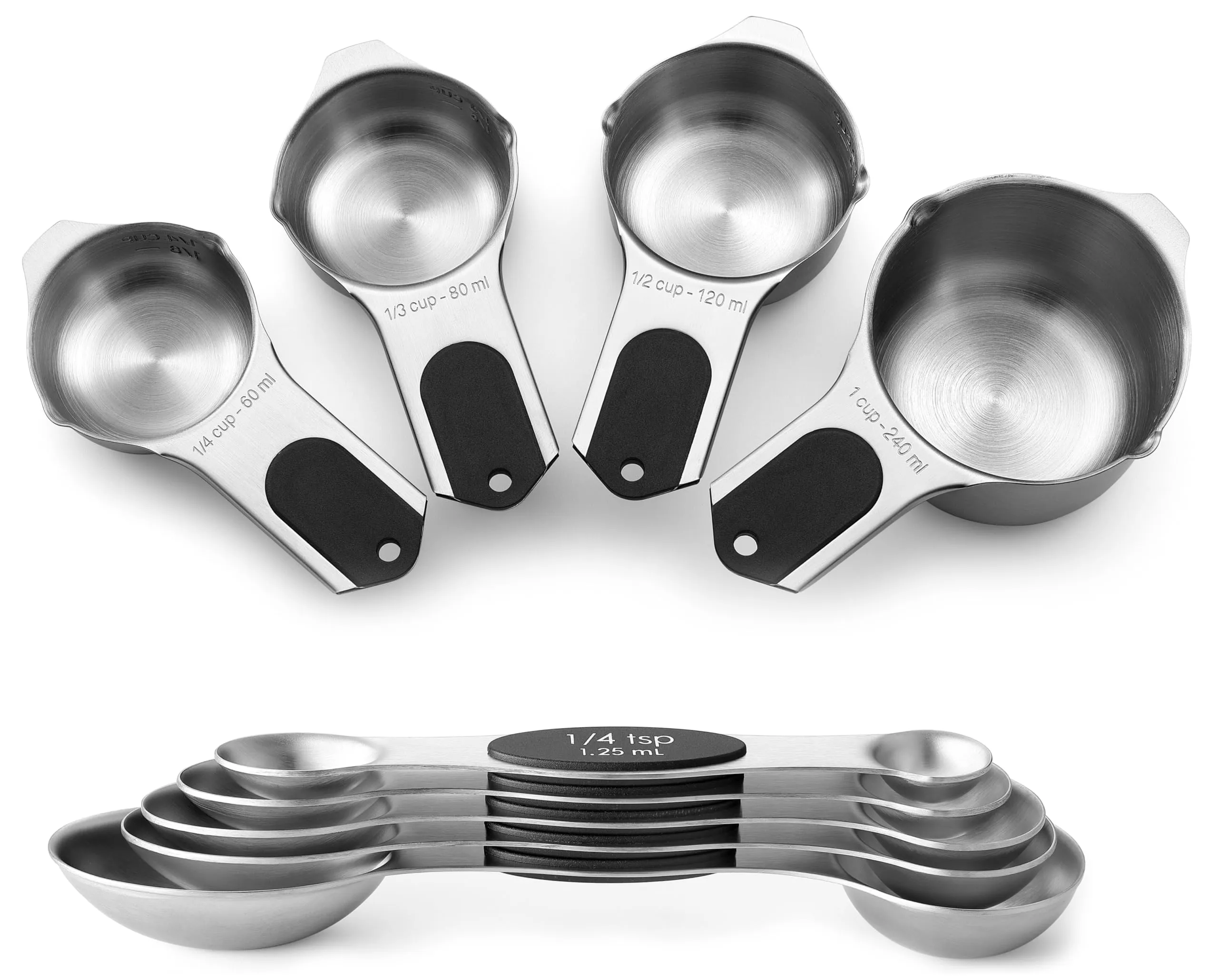 Spring Chef Magnetic Measuring Cups & Spoons Set (Patent Pending), Strong N45 Magnets, Heavy Duty Stainless Steel Fits in Spice Jars for Baking & Cooking, BPA Free, Round Set of 15 with Leveler, Black