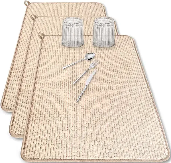 3 Pack Microfiber Dish Drying Mat,24*17 inch Absorbent Dish Drainer Kitchen Counter,Large Drying Pad for Countertop,Rack and Under Sink(Beige)