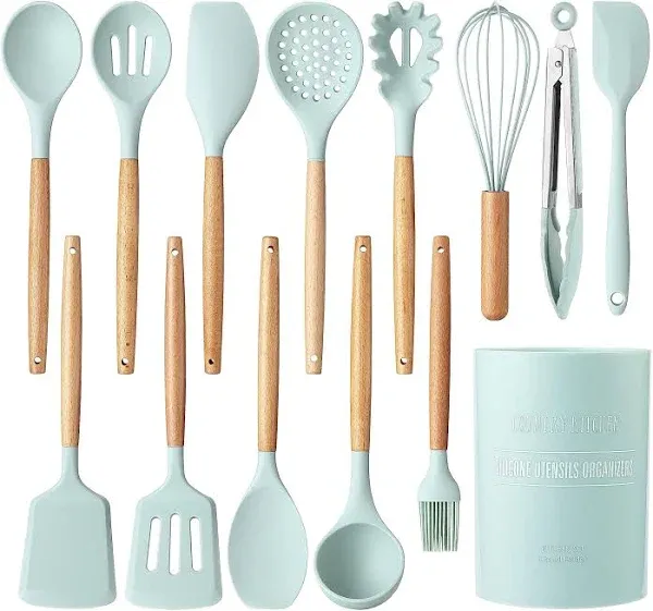 Country Kitchen 14-Pc Cooking Utensils Set Silicone Spatula & Kitchen Gadgets, Gray, Size: 14-Piece Set