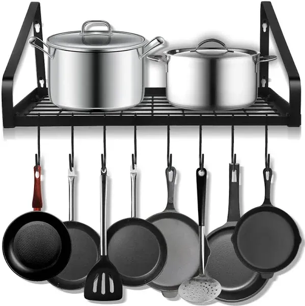 Pot and Pan Hanger, Wall Mounted Pots and Pan Hanging Rack with 8 Hooks for Kitchen Cookware Utensils 2 DIY Methods Black Steel Hanging Pot Rack