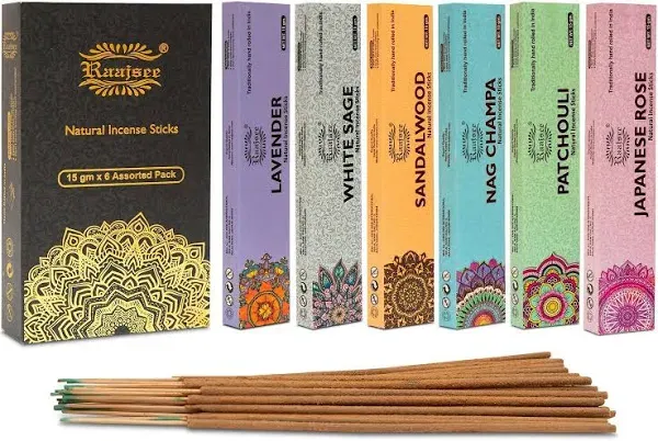 Raajsee Natural Incense Sticks,6 Pack Mixed Scents Gift Pack 15 gm Each (90 gm Total), Insense Sticks Variety Pack, 100% Organic Non Toxic Natural - Hand Rolled Free from Chemicals