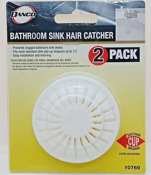 Danco Universal Bathroom Sink Suction Cup Hair Catcher Strainer, White, 2-Pack (10769)