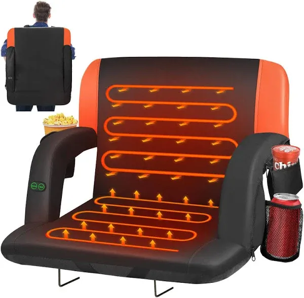 Dual-Sided Heated Stadium Seats for Bleachers with Back Support, 3 Levels Heating Bleacher Seats with Backs and Cushion Wide, 5 Pockets Portable Stadium Chair for Sports (Orange)