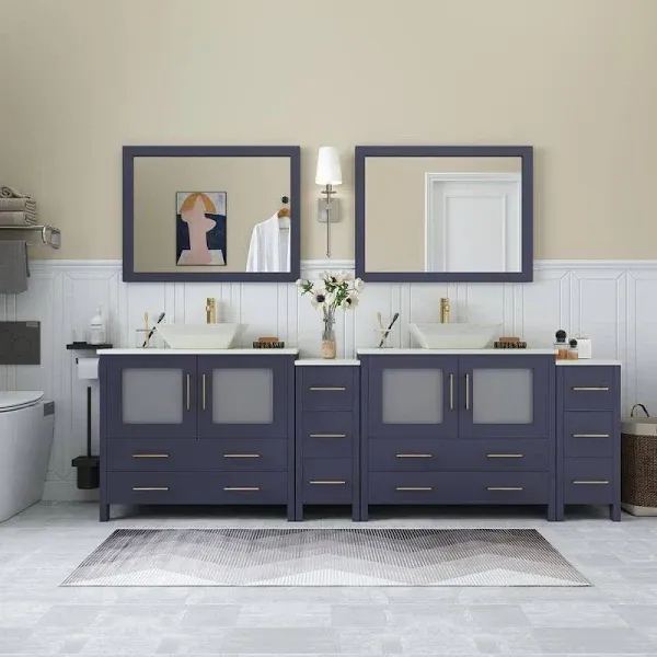 Vanity Art 96 inch Double Sink Bathroom Vanity Set with Engineered Marble Top and Free Mirror, Blue