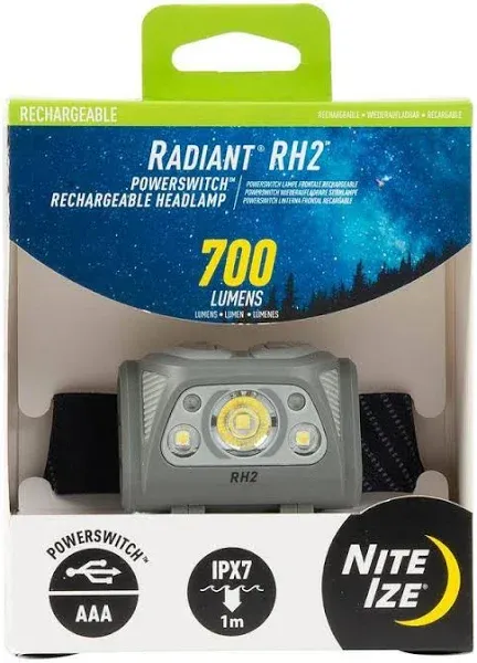 Nite Ize Radiant RH2 PowerSwitch Rechargeable Headlamp - Hands-Free Flashlight Alternative - Headlamp for Backpack Gear, Camping Equipment & More - Waterproof & Lightweight Headlamp - Black/Grey