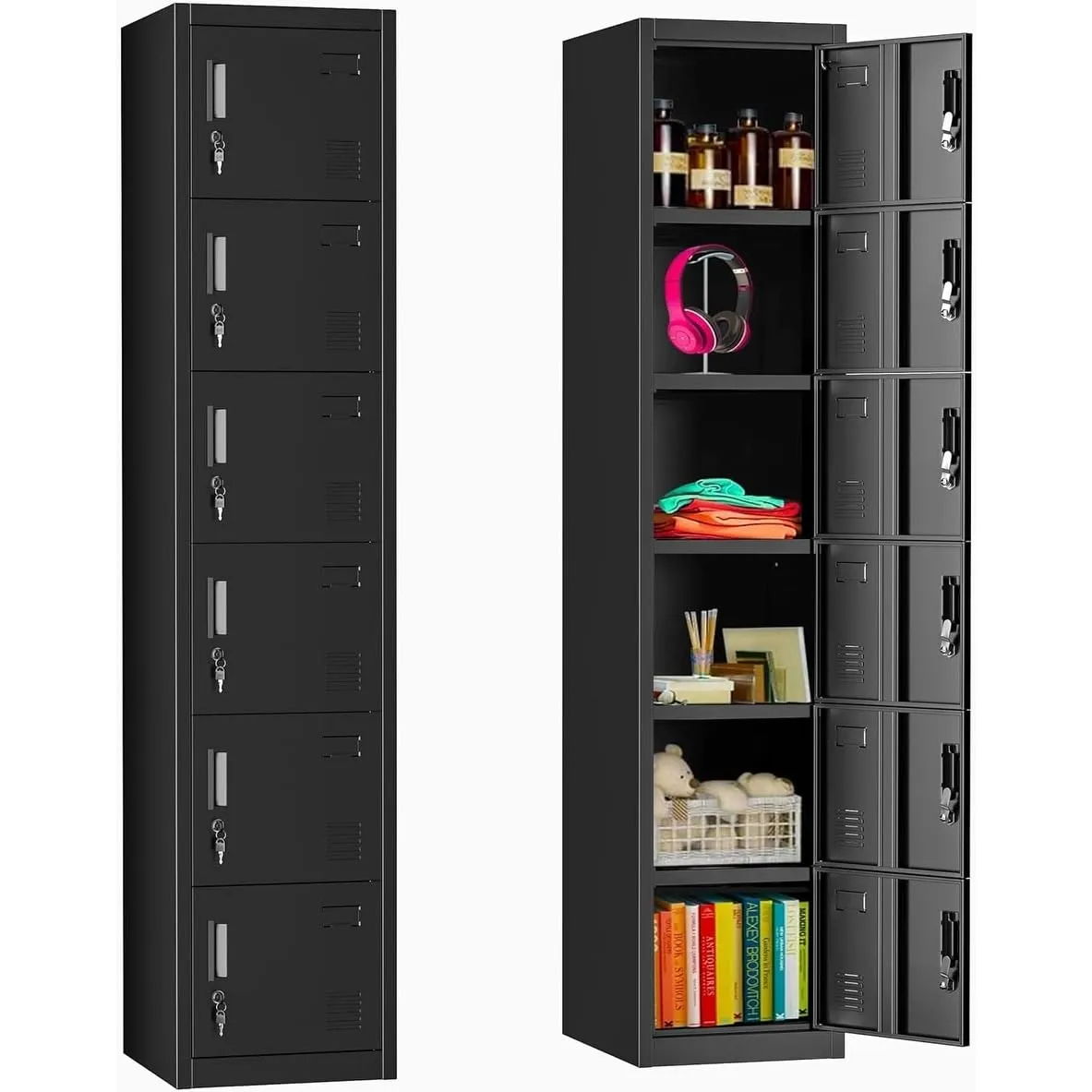 INTERGREAT Metal Locker for Employees with 6 Doors, (72&quot;) Black Steel Locker Storage Cabinet with 6 Tiers,Tall Office Storage Lockers for Home Office,School,Gym