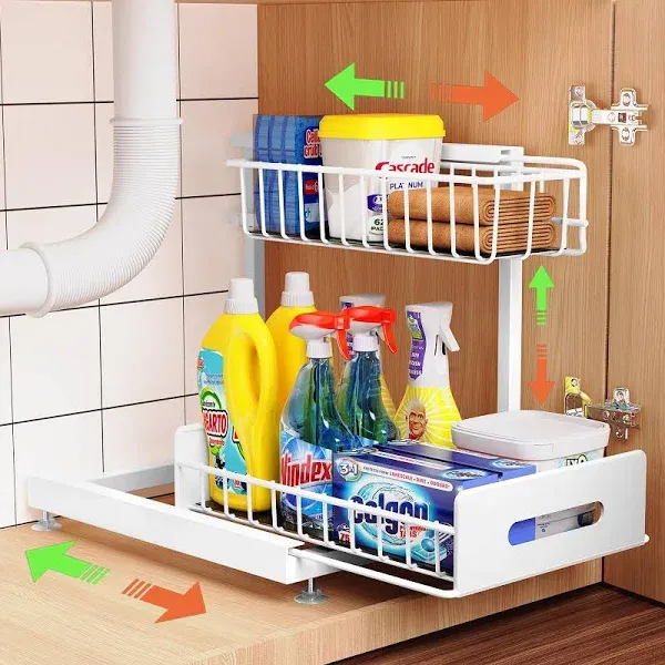 2 Pack Under Sink Organizers And Storage,Pull Out Cabinet Organizer,2-Tier Sliding Out Kitchen Basket Sink Shelf Cabinet Organizers Adjustable L Shape