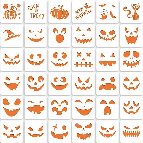 36 Pieces Halloween Drawing Stencils, 6 Inch Plastic Reusable Pumpkin Faces Painting Stencil for DIY Pumpkin Carving, Wood, Walls Art and Halloween Decoration