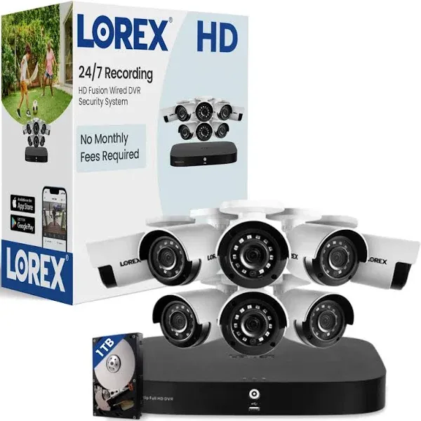 Lorex 1080p 8-channel 1TB Wired DVR with 8 Wired Cameras, 130FT Night Vision, Person and Vehicle Smart Motion Detect, -30°C Col