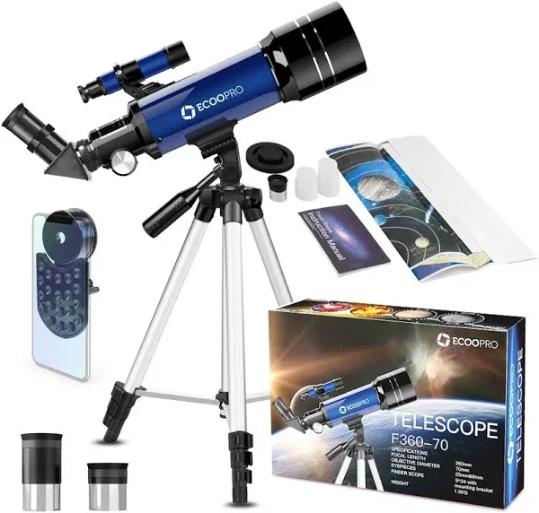 ECOOPRO 70mm Refractor Telescope with Adjustable Tripod F360-70 Kids Beginners