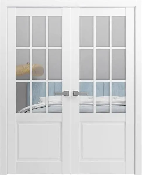 Sturdy Double Barn Door with Felicia 3599 White Silk with Clear Glass