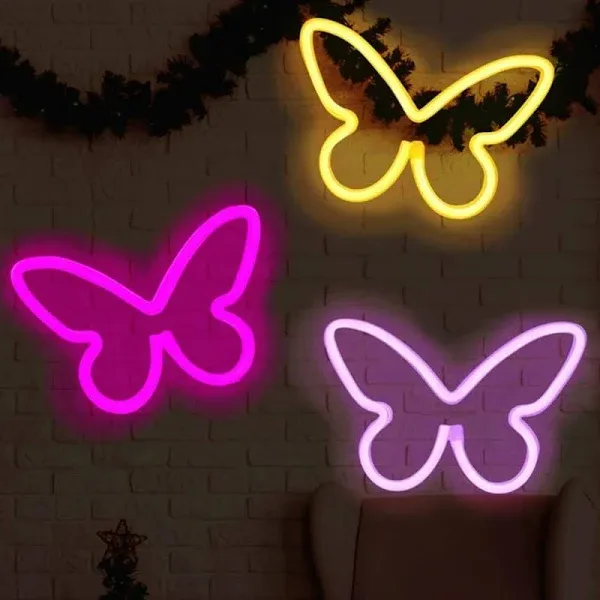  3 Pcs Butterfly Neon Signs, Neon Light for Bedroom, Pink, Purple, Warm white