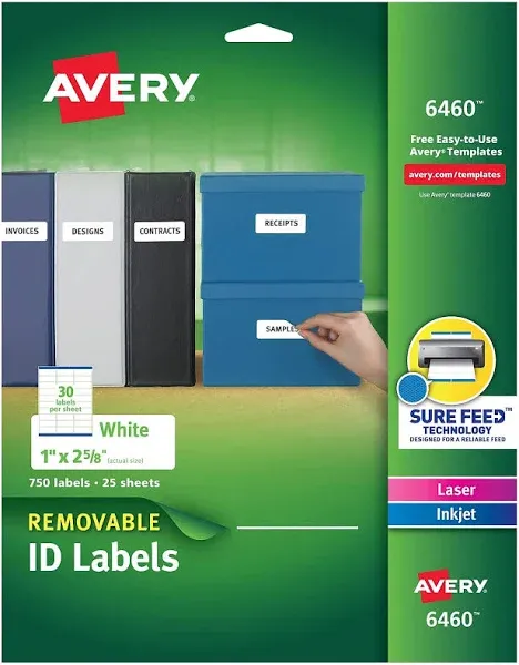 Avery 6460 Laser/Inkjet Labels,Removable,1-Inch x2-5/8-Inch, 750/PK,WE