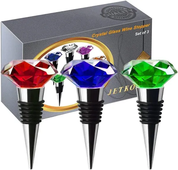  3 Pcs Wine Beverage Bottle Stoppers Reusable Diamond Plug Wine Red Blue Green