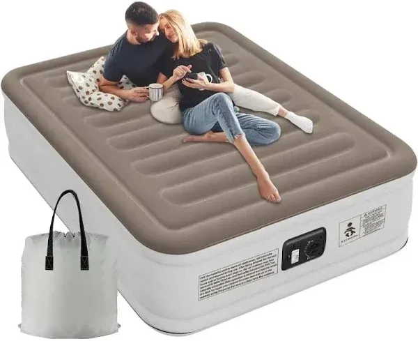 Premium Air Mattress Queen with Built in Pump, Portable Inflatable Mattress for Camping & Guest, Antileak Blow Up Mattress with Soft Flocked Top, Foldable Queen Air Mattress with Built in Pump