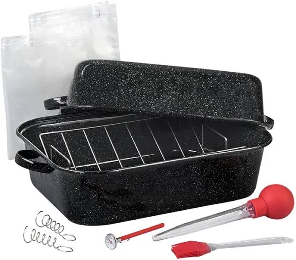 Premium Glossy Roasting Pan Set 10 pcs - 25 lb Capacity Includes Essentials