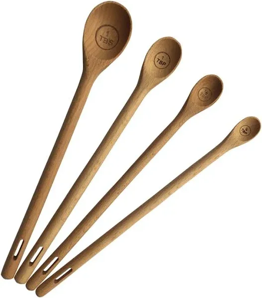 Long Handle Wooden Measuring Spoons by utensi, Set of 4 Engraved 