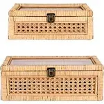 Rattan Decorative Box with Lid, Rectangular Woven with Glass for Display, Set of 2 Wicker for Decor