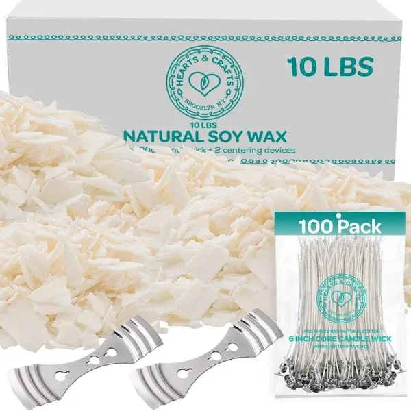 Hearts & Crafts Soy Wax for Candle Making - 5lbs Soy Wax - 100 6-Inch Pre-Waxed Candle Wicks, 2 Metal Centering Devices, 5lbs Soy Wax Flakes - Candle Wax for Candle Making Wax Supplies