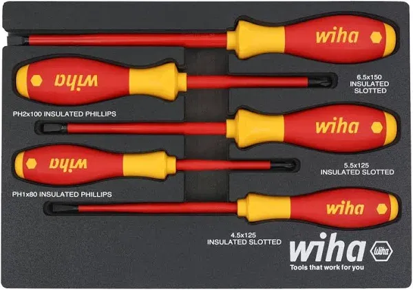 Wiha 32081 5 Piece Insulated SoftFinish Cushion Grip Screwdriver Tray Set