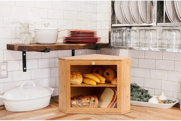 Double Layers Bamboo Corner Bread Box for Kitchen Counter, Wooden Large Capacity