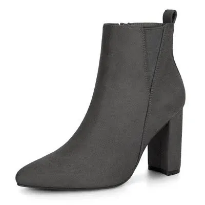 Allegra K Women's Block Heel Pointed Toe Zipper Ankle Boots