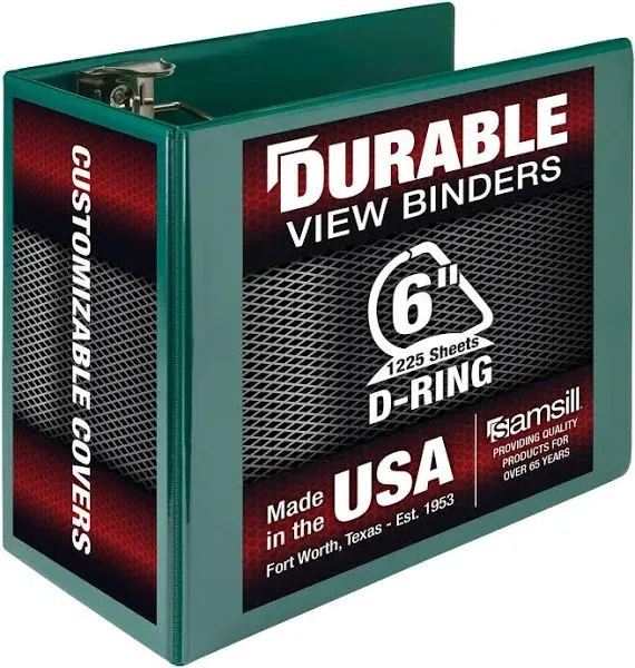 Samsill Durable 6 Inch Binder, Made in The USA, Locking D Ring Binder, Customizable Clear View Cover, Green, Holds 1225 Pages