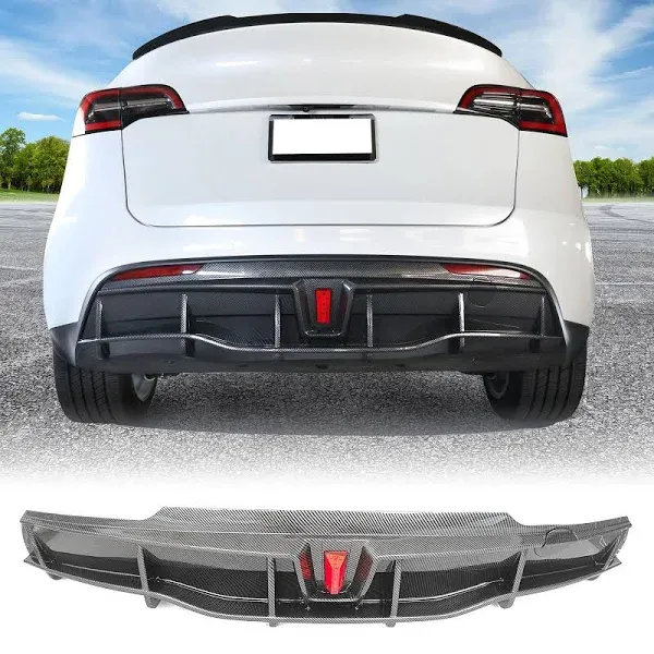 Rear Bumper Diffuser Lip w/LED Light, Compatible with 2020-2024 Tesla Model Y Sport 4-Door, PP Carbon Fiber Print Rear Lower Lip Valance Splitter