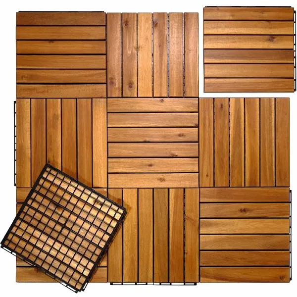 Acacia Wood Deck Tiles Interlocking Patio Pavers Waterproof Outdoor 10 Pack